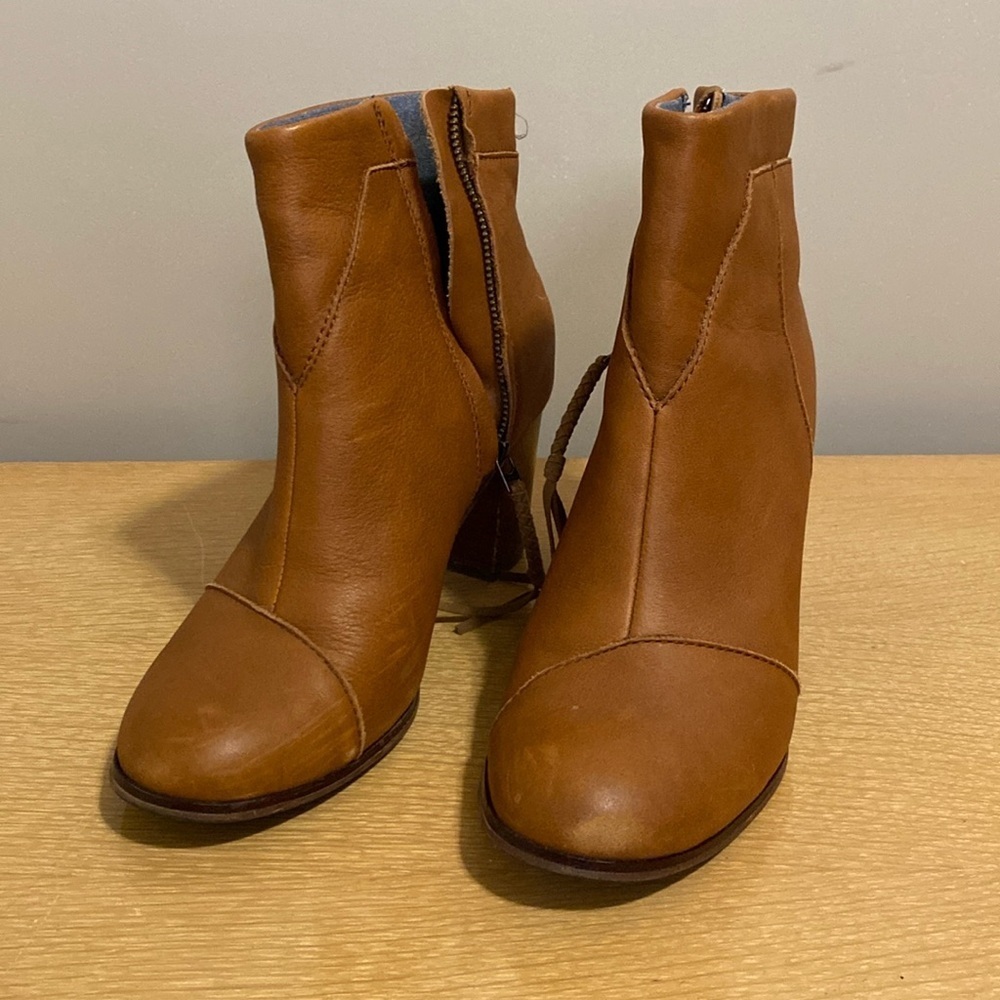 TOMS brown leather side zipper booties, size 9